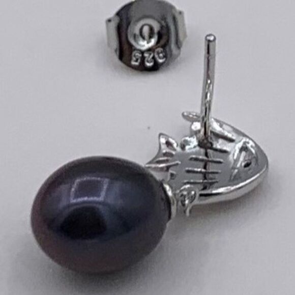 NWOT, earrings, solid 925 sterling silver, real black pearls, clear gem accents - Picture 2 of 16